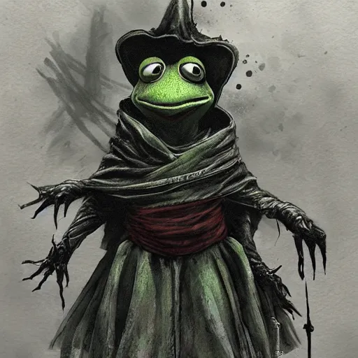 Image similar to evil kermit the frog, dark souls, bloodborne, elden ring, by hidetaka miyazaki