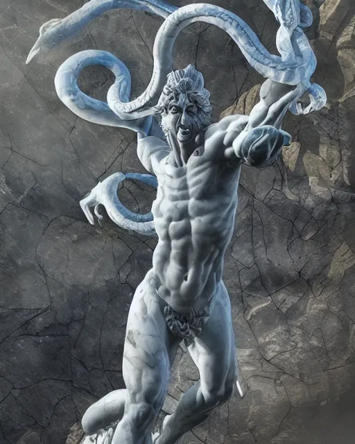 Image similar to an old marble statue of a hydra from herculean myths, hyper realistic, 4 k, grainy marble, hyper detailed