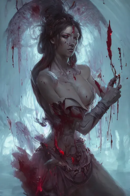 Prompt: beautiful girl necromancer, witch - doctor covered in blood, angels, 3 d render, hyper - realistic detailed portrait, holding fire and electricity, ruan jia, wlop. scifi, fantasy, magic the gathering, hyper detailed, octane render, concept art, peter mohrbacher