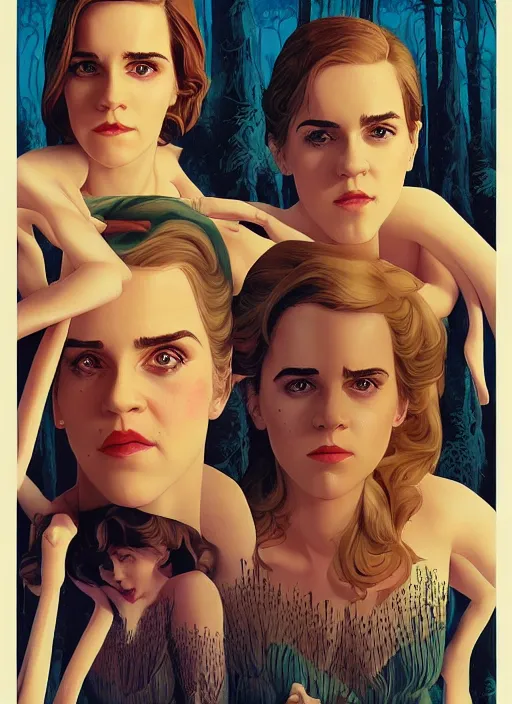 Prompt: poster artwork by Michael Whelan and Tomer Hanuka, Karol Bak Emma Watson and Kiernan Shipka in beauty pageant, from scene from Twin Peaks, clean