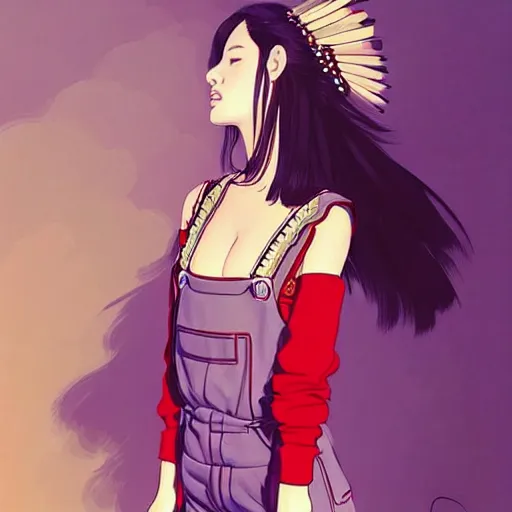 Image similar to a beautiful young japanese natalie portman alluring gravure model, stylized concept art, wearing elegant designer overalls, elegant overalls with mesoamerican patterns, mesoamerican native street fashion, princess mononoke, painted by jamie hewlett and ashley wood and mike mignola, aesthetic, gorgeous, stunning, alluring, attractive, artstation, pinterest, digital art