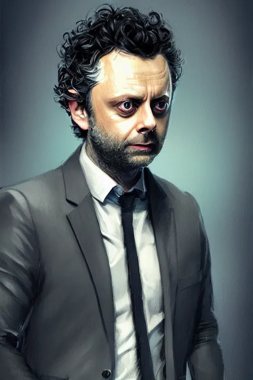 Image similar to Michael Sheen with light beard, curly hair, modern, hero, wearing a suit, highly detailed, digital painting, artstation, concept art, sharp focus, illustration, by greg rutkowski