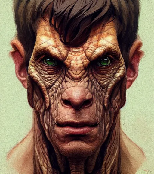 Image similar to portrait of a half man, half dinosaur man, half face revealing his dinosaur skin, highly detailed, digital painting, artstation, concept art, smooth, sharp focus, illustration, art by wlop, mucha, artgerm, and greg rutkowski