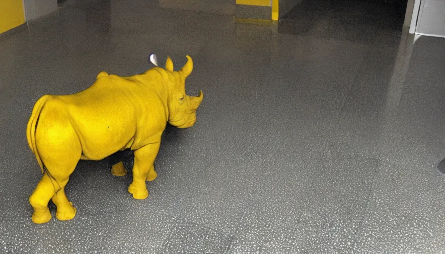 Image similar to a rhinoceros in a public bathroom with yellow tiles floor, mini dv camera found footage, very very low quality picture, heavy grain, heavy jpeg artifact blurry, caught on trail cam, 1 4 4 p