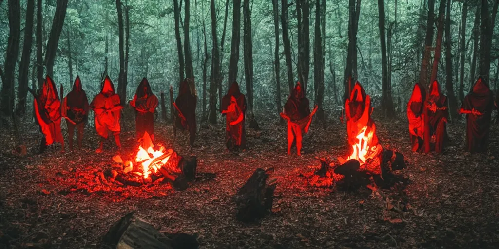 Prompt: forest hermits wearing scary wooden masks preparing a ritual around a wildly lit campfire in an ominous forest at night, photography