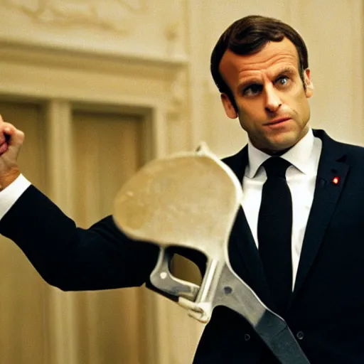 Image similar to Emmanuel Macron using a knife in American Psycho (1999)