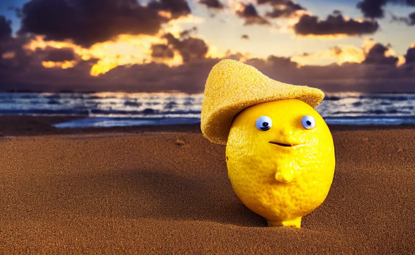 Image similar to 5 0 mm photograph, of a real anthropomorphic lemon character, with lemon skin texture, it is wearing a hat and scuba diving, building a sandcastle on the beach at sunset, beach, huge waves, sun, clouds, tropical trees, rim light, cinematic photography, professional, sand, sandcastle, volumetric lightening