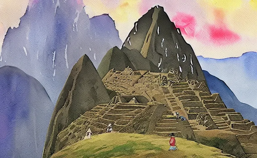 Prompt: a realistic and atmospheric watercolor from howl's moving castle ( 2 0 0 4 ) of a witch in lotus position in machu pichu. very dull muted colors, hd, 4 k, hq