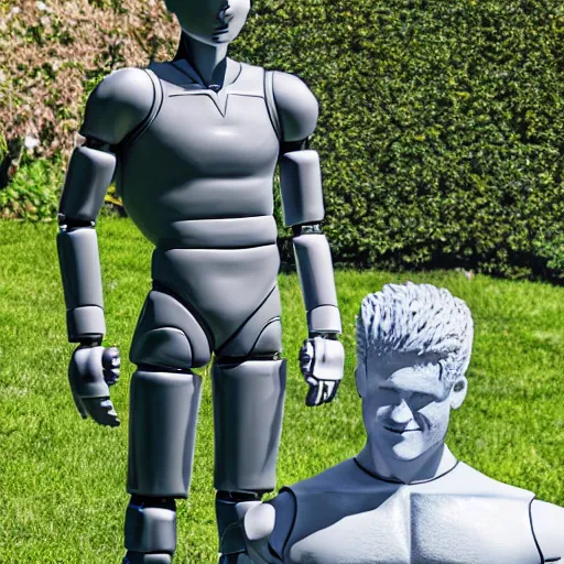 Image similar to a realistic detailed photo of a guy who is an attractive humanoid who is half robot and half humanoid, who is a male android, wrestler bo nickal, shiny skin, posing like a statue, blank stare, by the pool, on display, showing off his muscles, humanoid robot, frozen ice statue