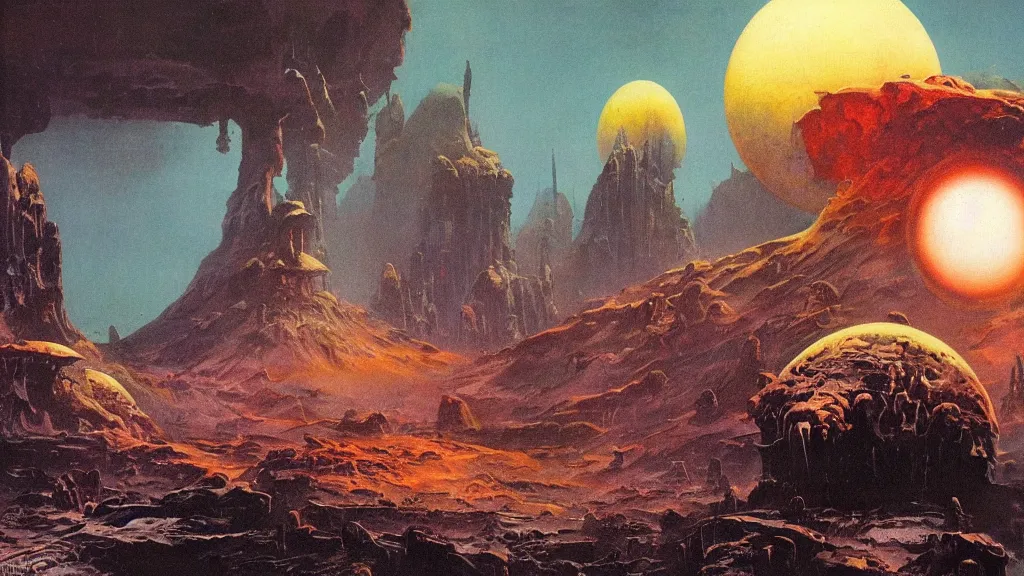 Image similar to surreal eerie alien planet empire by frank frazetta and bruce pennington, cinematic matte painting