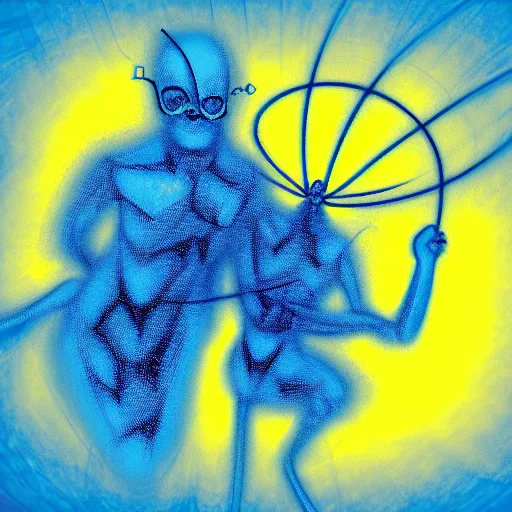 Image similar to man and wasp morphing in abstract surreal sketch style, blue and yellow gradient, noise, ultrafine detail, hd 8k