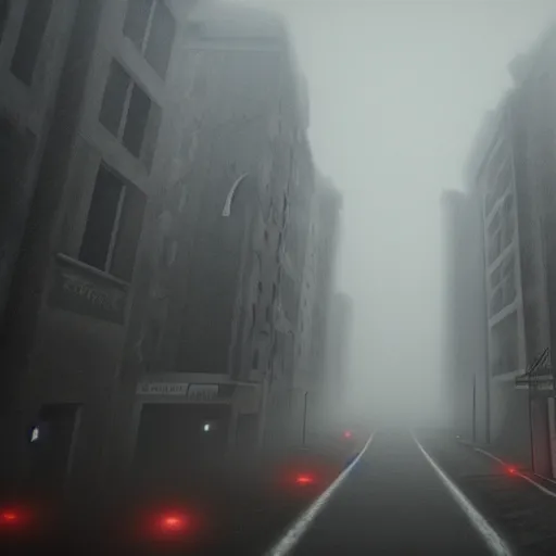 Image similar to overhead view of foggy streets in style of silent hill one, realistic, detailed, 4 k