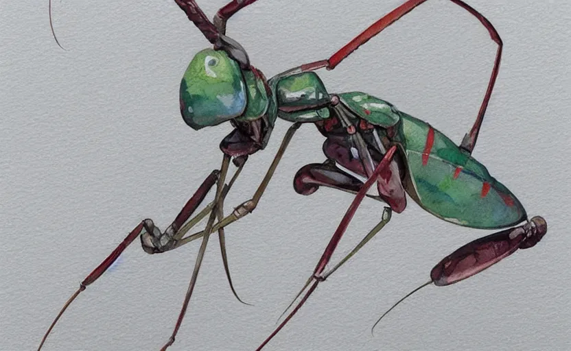 Image similar to concept art of a mantis insect, pinterest, artstation trending, behance, watercolor, by coby whitmore, silver, laser light,