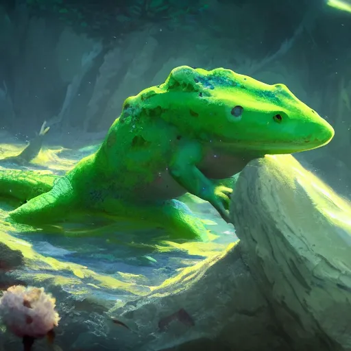 Image similar to green axolotl god, epic, majestic, beautiful colors, beautiful composition, by makoto shinkai, artstation, 8 k, realistic lighting, unreal engine, dream - like