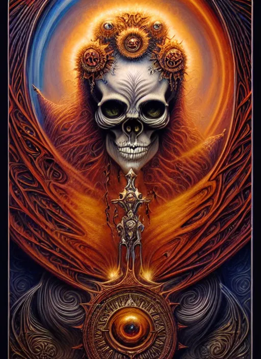 Image similar to A beautiful detailed orixa, tarot card, by tomasz alen kopera and Justin Gerard, symmetrical features, ominous, magical realism, texture, intricate, ornate, royally decorated, skull, skeleton, whirling smoke, embers, red adornements, red torn fabric, radiant colors, fantasy, trending on artstation, volumetric lighting, micro details, 3d sculpture, ray tracing, 8k, anaglyph effect