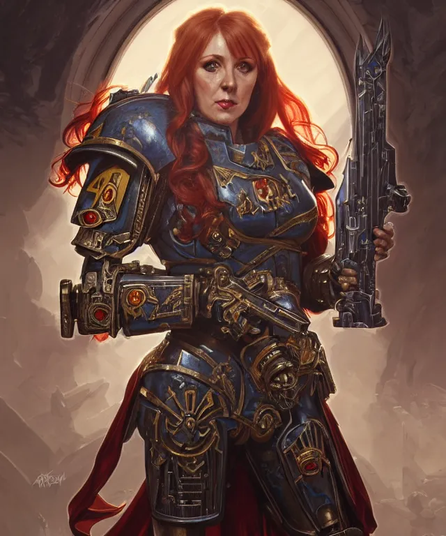 Image similar to Angela Rayner as a Warhammer 40k Battle Sister, portrait, fantasy, intricate, elegant, highly detailed, digital painting, artstation, concept art, smooth, sharp focus, illustration, art by artgerm and greg rutkowski and alphonse mucha