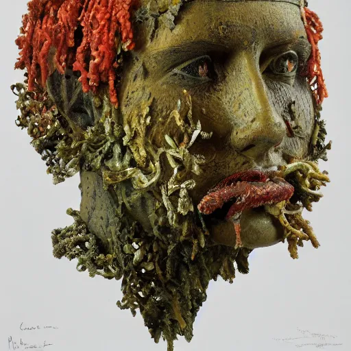 Image similar to a sculpture portrait made of seaweed and coral and shells and lilies, painting part by wojciech siudmak, part by ilya repin, part by max ernst, part by norman rockwell, artstation