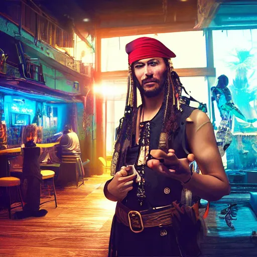 Image similar to a high quality portrait of a beautiful pirate in a cyberpunk cyberpunk cyberpunk cafe, realism, 8k, award winning photo