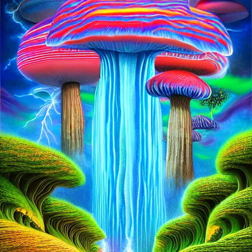 Prompt: lightning mushroom waterfall rave panoramic fantasy rich geometric octane render hyper realism by rob gonsalves, james christensen, alex grey, android jones, lisa frank