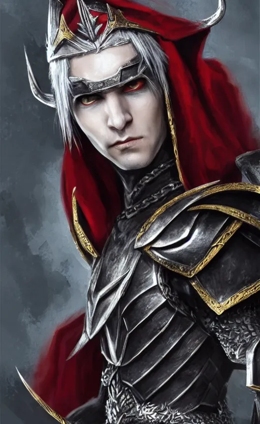 Image similar to A male elf, 20 years old, short silver hair, red eyes, wearing a spiked black metal crown, black heavy armor with gold trim, and a red cape, lean but muscular, attractive, command presence, royalty, weathered face, smooth, sharp focus, illustration, concept art, highly detailed, muscle definition, fantasy paitning, ArtStation, ArtStation HQ