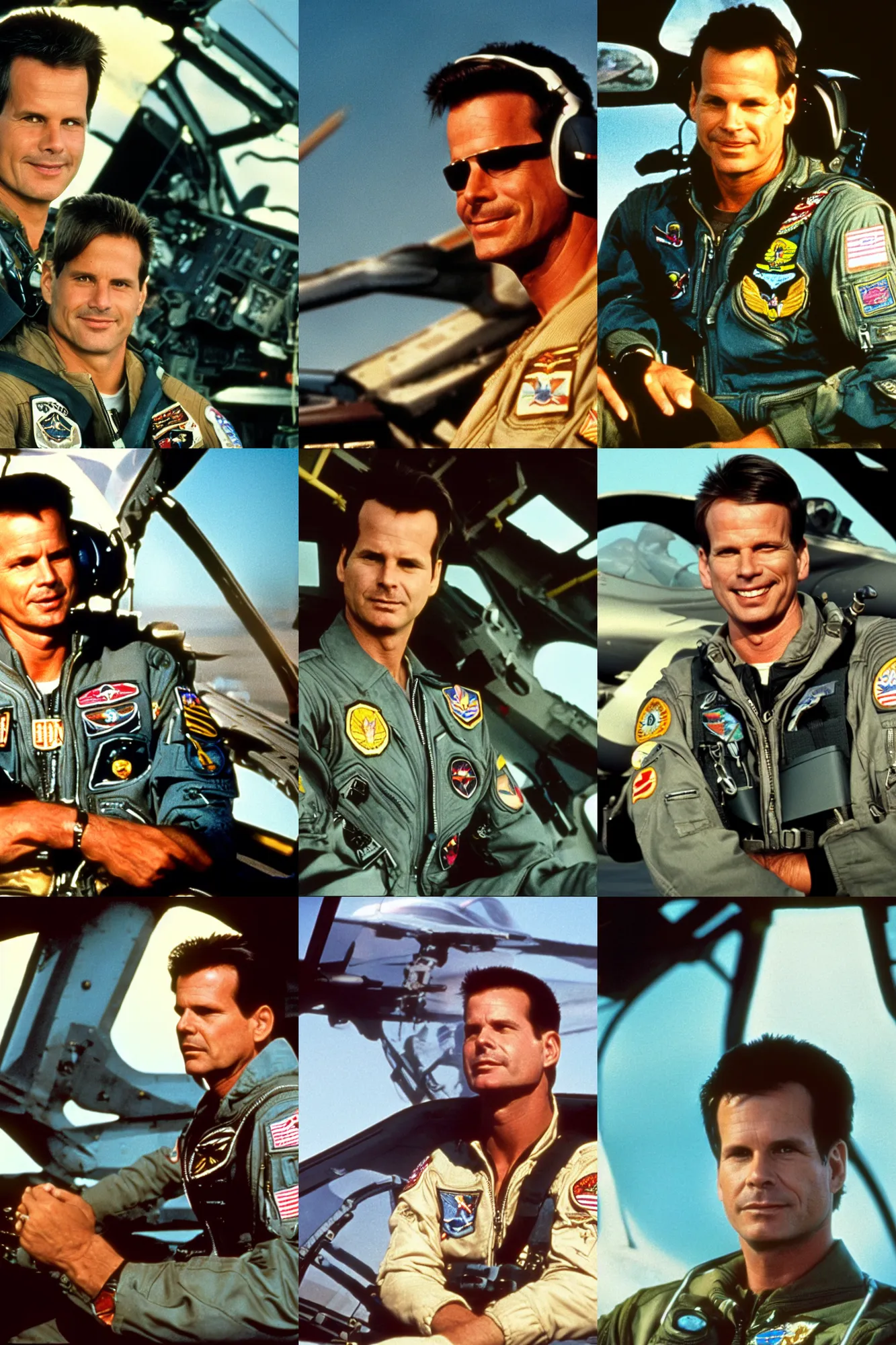 Prompt: Portrait 30 year old Bill Paxton, with flat top hair style, in the cockpit of a fighter jet, golden hour, film still from Top Gun 1986