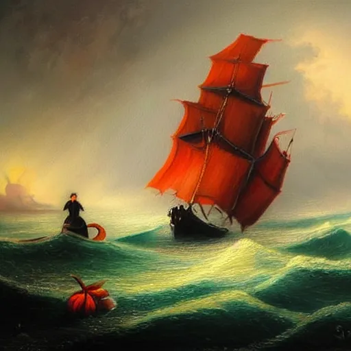 Image similar to ship arriving too late to save a drowning witch. Immaculate oil painting, award winning oil painting. Gloomy color pallette. Strong presence of light.