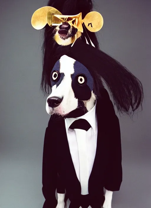 Prompt: a fashion portrait photograph of a dog in a suit wearing mask designed by jean paul gaultier, 3 5 mm, color film camera, pentax