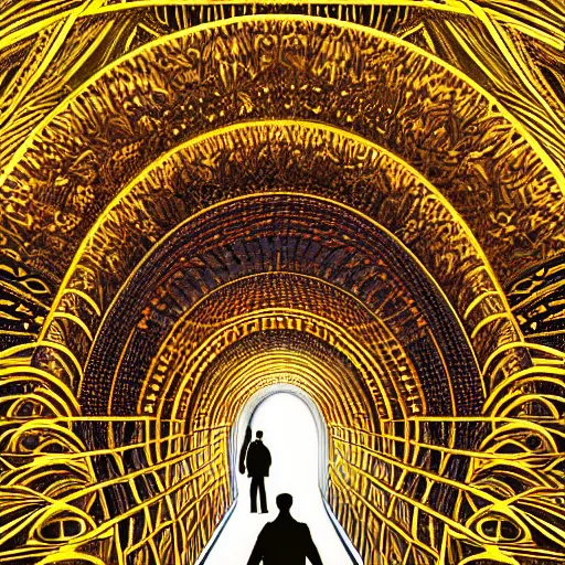 Image similar to vivid illustration of a person choosing between tunnels with groups of people inside, within a highly intricate torus with detailed golden ornamentation and golden light, choosing between pathways