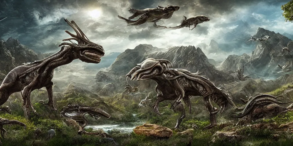 Prompt: landscape image with various different alien animals, extremely detailed digital matte painting