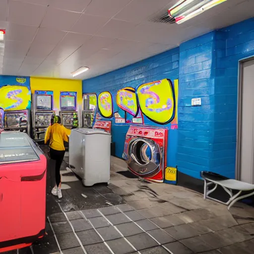 Prompt: a rave happening inside of a laundromat