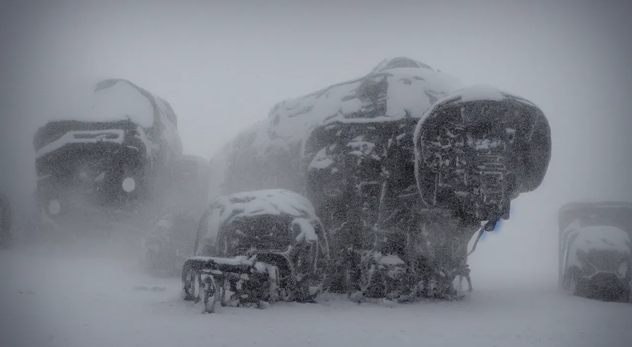 Image similar to “photo of one biomechanical mammoth in an arctic storm with fog and blizzard, the mammoth drags old gigantic coal wagons with snow, it's a sunset photo with cold tones, some people around ”