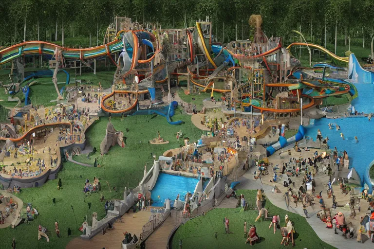 Prompt: 3d render of a Waterpark designed by hieronymus bosch, horror theme, scary, gory, supernatural