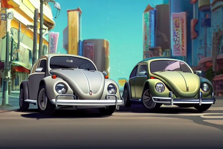 Prompt: a wholesome animation key shot of!! one!! focused!! vw beetle superbug!! in shiny reflective stainless steel, in a las vegas street, medium shot, studio ghibli, ( pixar ) and disney animation, sharp, very detailed, high resolution, rendered in unreal engine 5, anime key art by greg rutkowski, bloom, dramatic lighting