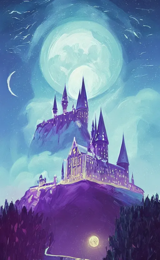 Image similar to a beautiful illustration of hogwarts at night, art of alena aenami, featured on artstation, vertical orientation, paint brush strokes, expressionism, brushstroke - laden, breathtaking clouds, birds, ocean, beautiful stars, long exposure, big moon radius, airy midnight magical theme, blue purple gradient, lens flare