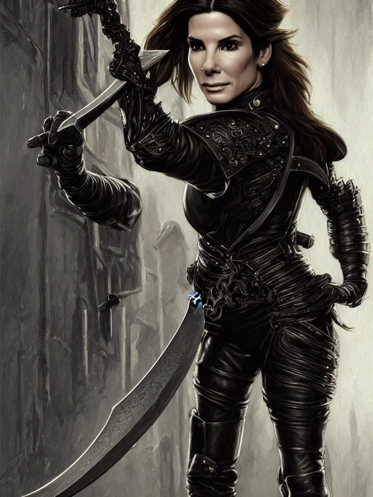 Prompt: portrait of a young sandra bullock as a thief wearing black leather armor and wielding a dagger in a dark alleyway, fantasy, intricate, elegant, highly detailed, digital painting, artstation, concept art, matte, sharp focus, illustration, art by j. c. leyendecker