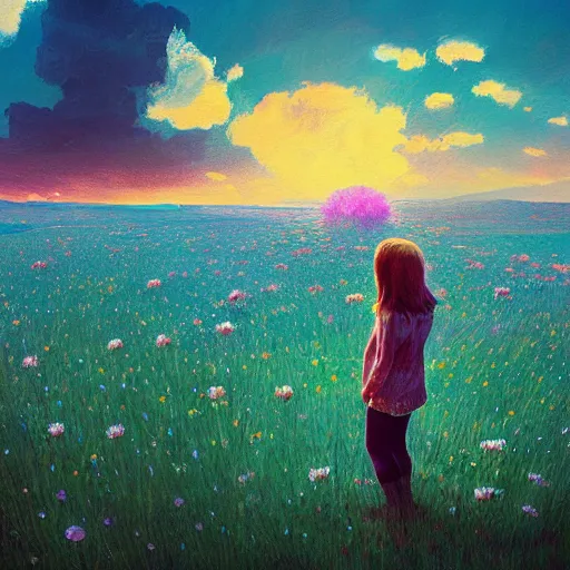 Image similar to girl with a full daisies head, surreal photography, flower field, sunset dramatic light, impressionist painting, colorful clouds, blue sky, digital painting, artstation, simon stalenhag