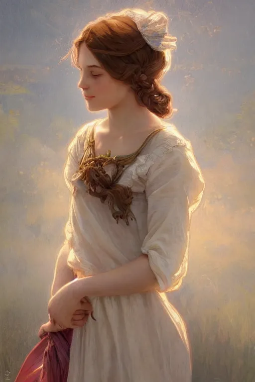 Prompt: beautiful cottagecore young peasant maiden, innocent, intricate, elegant, highly detailed, digital painting, artstation, concept art, smooth, sharp focus, illustration, art by artgerm and greg rutkowski and alphonse mucha