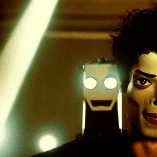 Image similar to movie still of robot michael jackson, cinematic composition, cinematic light, criterion collection, by edgar wright