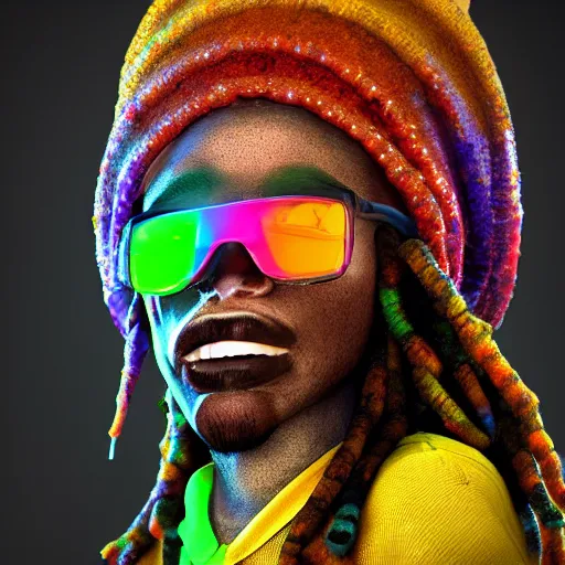 Image similar to photorealistic humanoid rasta banana. hyperdetailed photorealism, 1 0 8 megapixels, amazing depth, glowing rich colors, powerful imagery, psychedelic overtones, 3 d finalrender, 3 d shading, cinematic lighting, artstation concept art