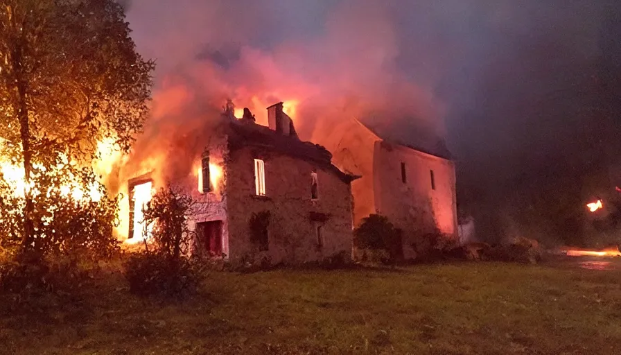 Image similar to mini dv camera found footage of a heavy burning french style little house by night in autumn, in a small northern french village, by sony mini dv camera, heavy grain, low quality, high detail, dramatic light, anamorphic, flares