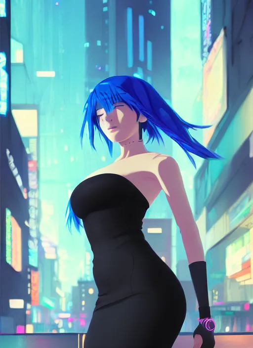 Prompt: hyper realistic photograph of cyberpunk pretty girl with blue hair, wearing a tight black dress, in city street at night, by makoto shinkai, ilya kuvshinov, lois van baarle, rossdraws, basquiat