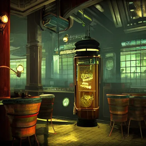 Prompt: In the world of rapture from the world of bioshock you are in a bar, there is a window that lets you see the whole city underwater and you are drinking a rum and coke