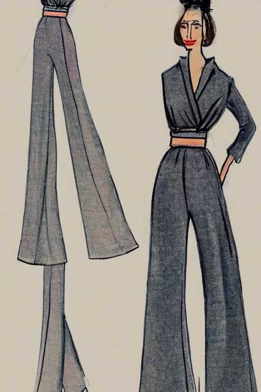 Prompt: a detailed fashion illustration of a midcentury hostess gown pants set