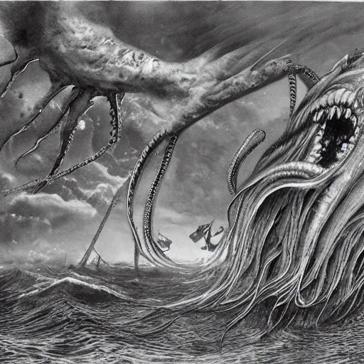 Image similar to a highly detailed hyperrealistic scene of a ship being attacked by giant squid tentacles, ultra realistic, jellyfish, squid attack, dark, voluminous clouds, thunder, stormy seas, pirate ship, dark, high contrast, yoji shinkawa, scary, m.c. Escher, highly detailed, brutal, beautiful, octopus arms attacking the ship from the storm, illusion, artgerm