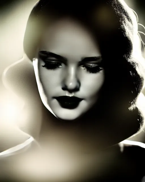 Prompt: black and white dreamy young beautiful female artificial intelligence, cinematic, rim light, bokeh, photo - realistic, elegant, high detail, 8 k, masterpiece, styled by iris van herpin, photo taken in 1 9 3 0