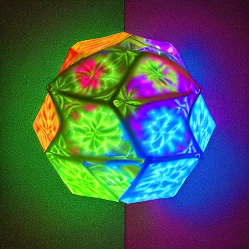 Image similar to a hyperrealistic 3D render of a dodecahedron made entirely of tie dyed Mandelbrot fractals, 8k, 4K, glowing, neon, octane render, photorealistic