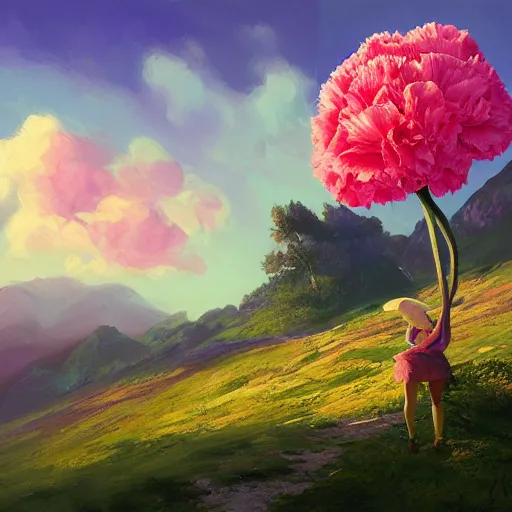 Image similar to giant carnation flower as a head, girl hiking in the mountains, surreal photography, sunrise, dramatic light, impressionist painting, colorful clouds, digital painting, artstation, simon stalenhag