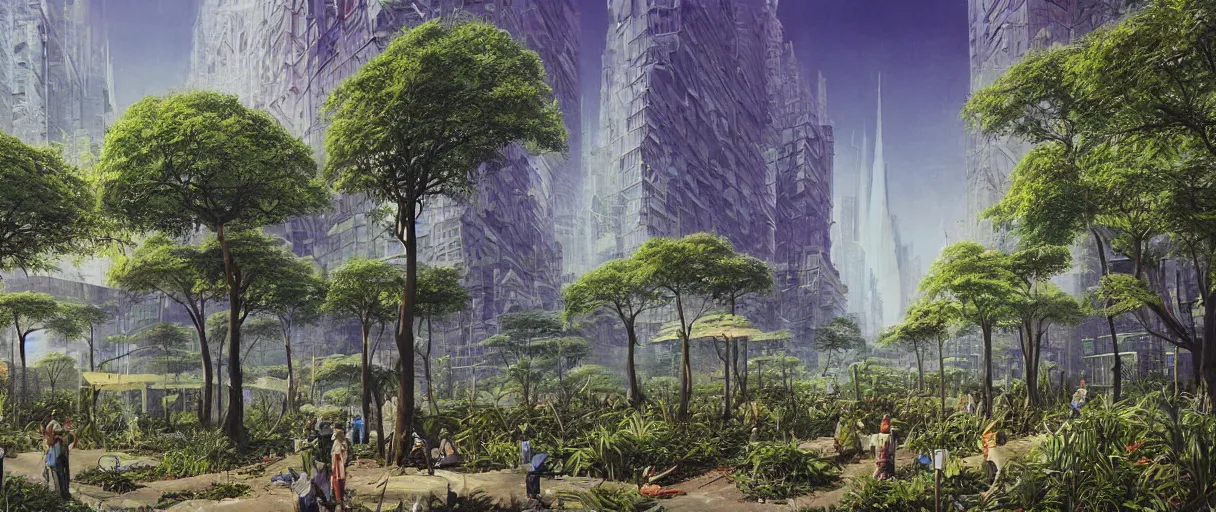 Prompt: matte painting of high tech city overgrown with plants, vincent di fate, masterpiece,