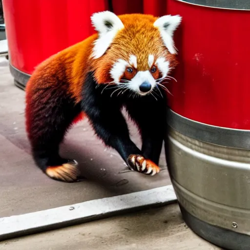 Image similar to a red panda doing a handstand on a keg