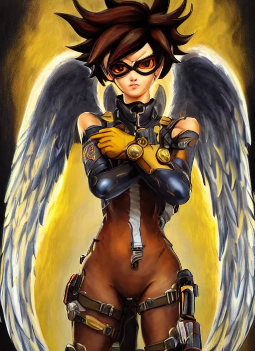 Prompt: full body oil painting of tracer overwatch in the style of frank frazetta, angel wings, dramatic painting, symmetrical composition, ornate, golden chains, silky garment, high detail, gold detailed collar!!!!!, blooming, angelic, lights, flowers, heavenly, bright, detailed face,